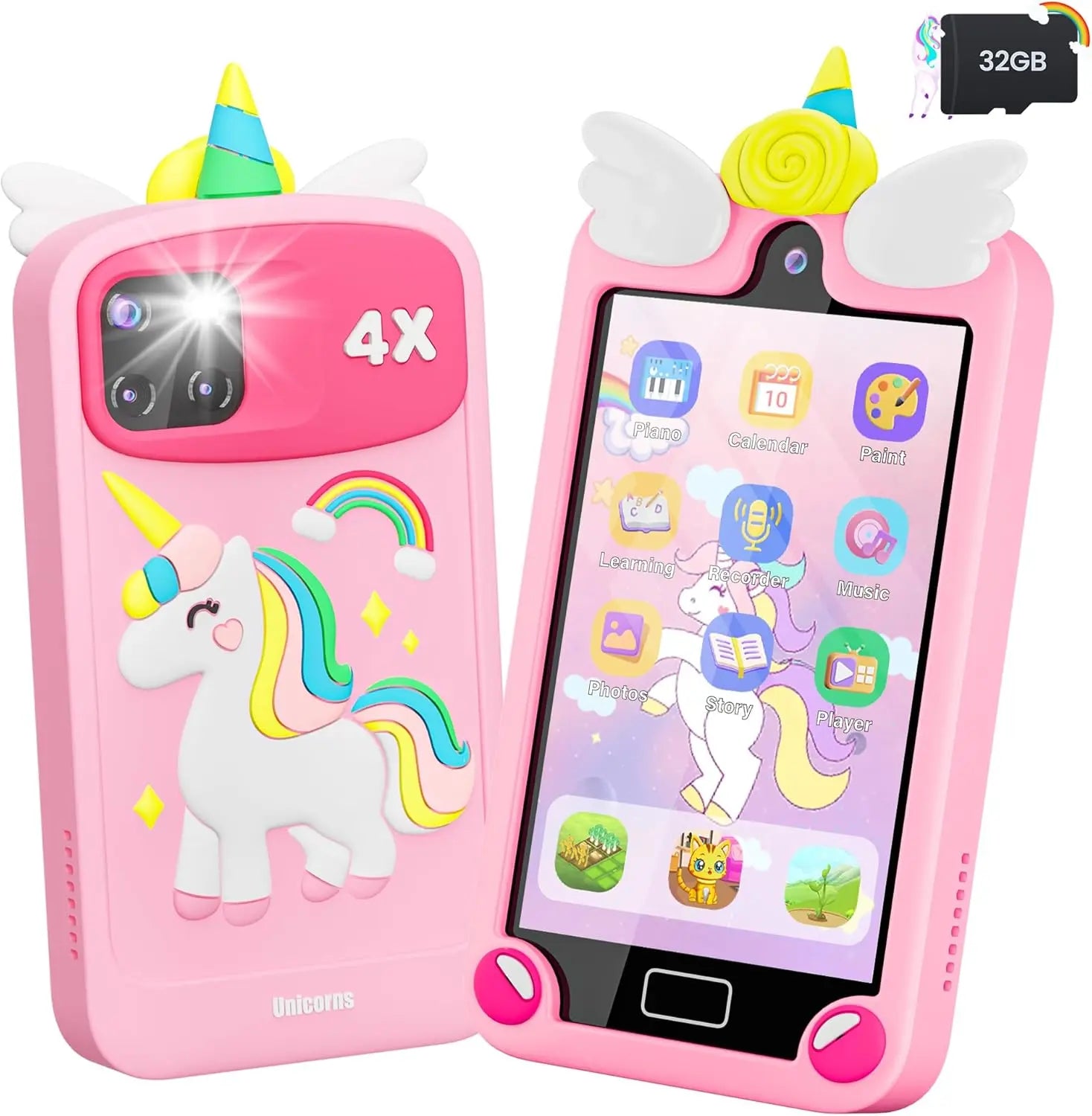 Kids Smart Phone for Girls with 4.0" Large Touchscreen, 32G Card Gifts for Kid Toys, Toddler Learning Toy, Dual Lens(Pink) - silverfoxgoods